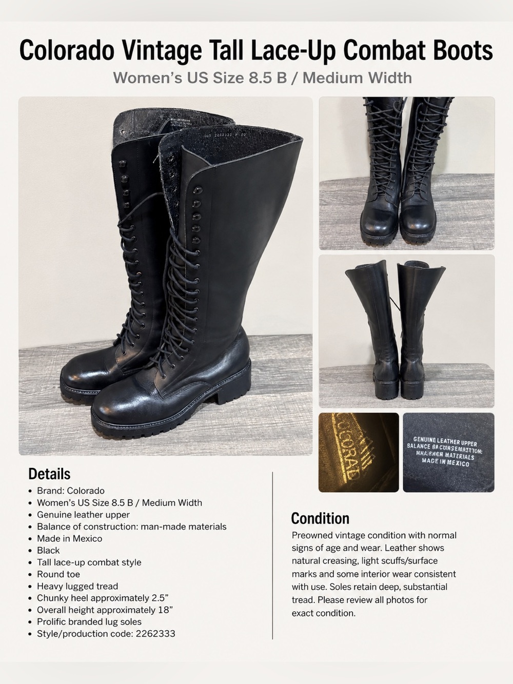 Vintage Colorado Black Leather Tall Lace Up Combat Boots WNS  8.5 B Made Mexico